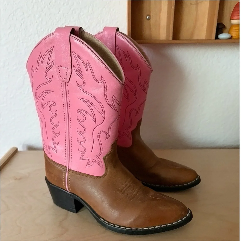 Old West Girls' Narrow J-Toe Western Boots Brown/Pink